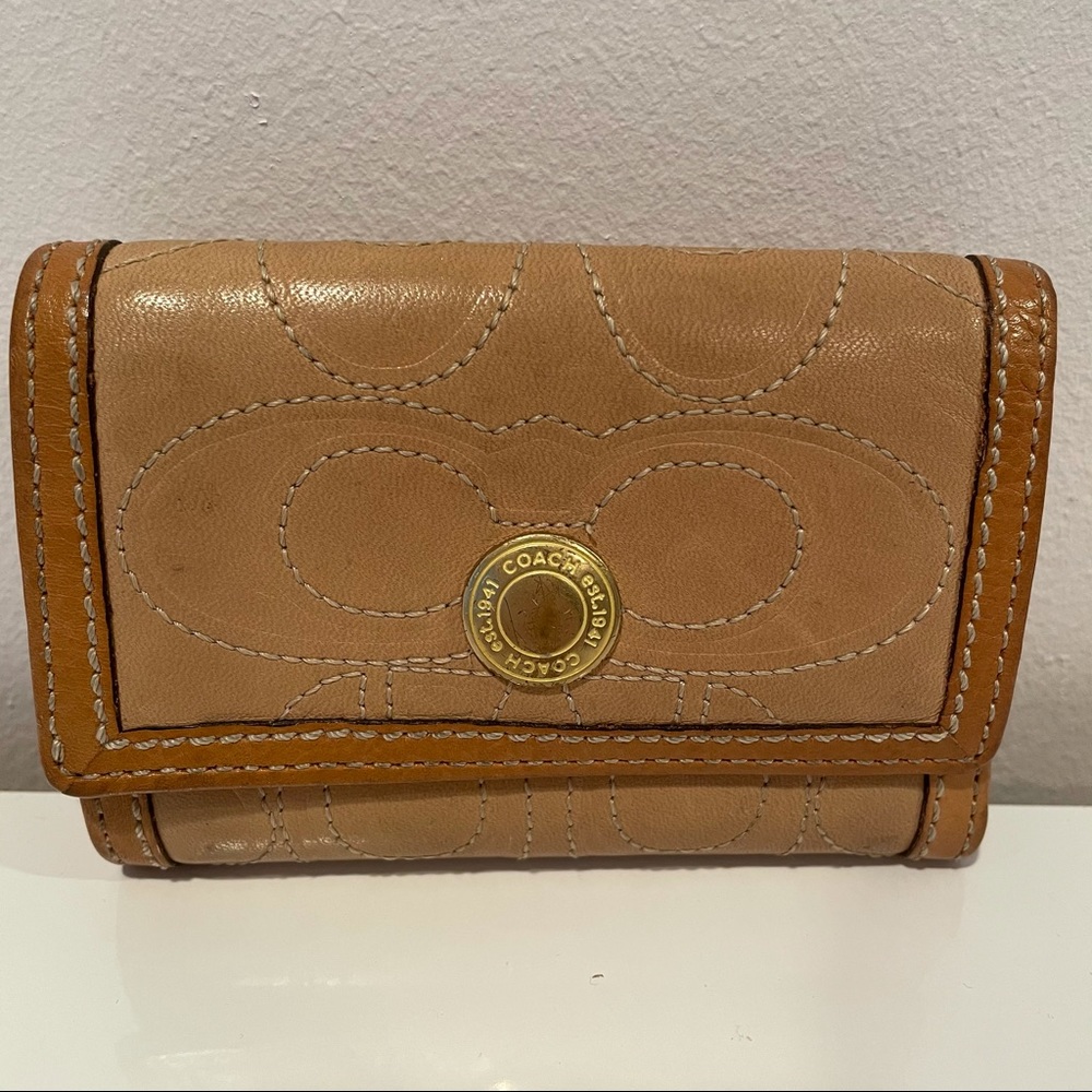 Coach Tan Leather Signature Snap Wallet with Gold Hardware